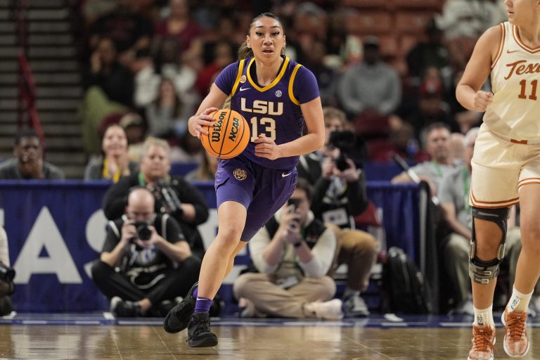 LSU Lady Tigers guard Last-Tear Poa (13) brings the ball up court against the Texas Longhorns during the first half at Bon Secours Wellness Arena.