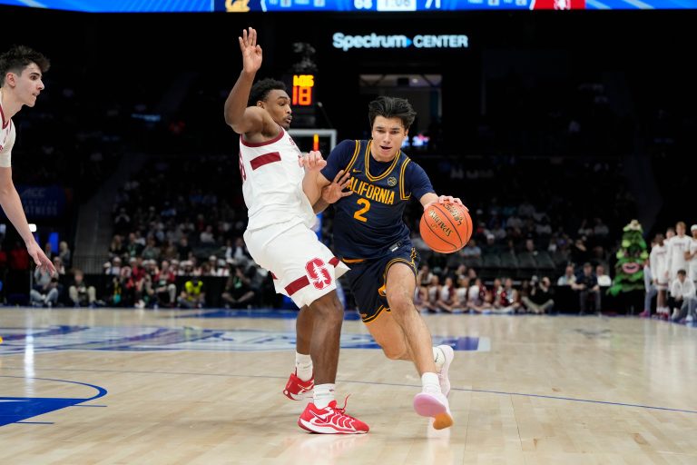 California Golden Bears guard Andrej Stojakovic (2) with the ball as Stanford Cardinal guard Jaylen Blakes (21) defends in the second half at Spectrum Center.
