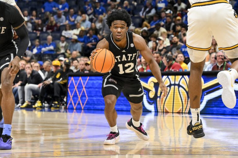 Mississippi State Bulldogs guard Josh Hubbard (12) dribbles the ball against the Missouri Tigers during the second half at Bridgestone Arena.