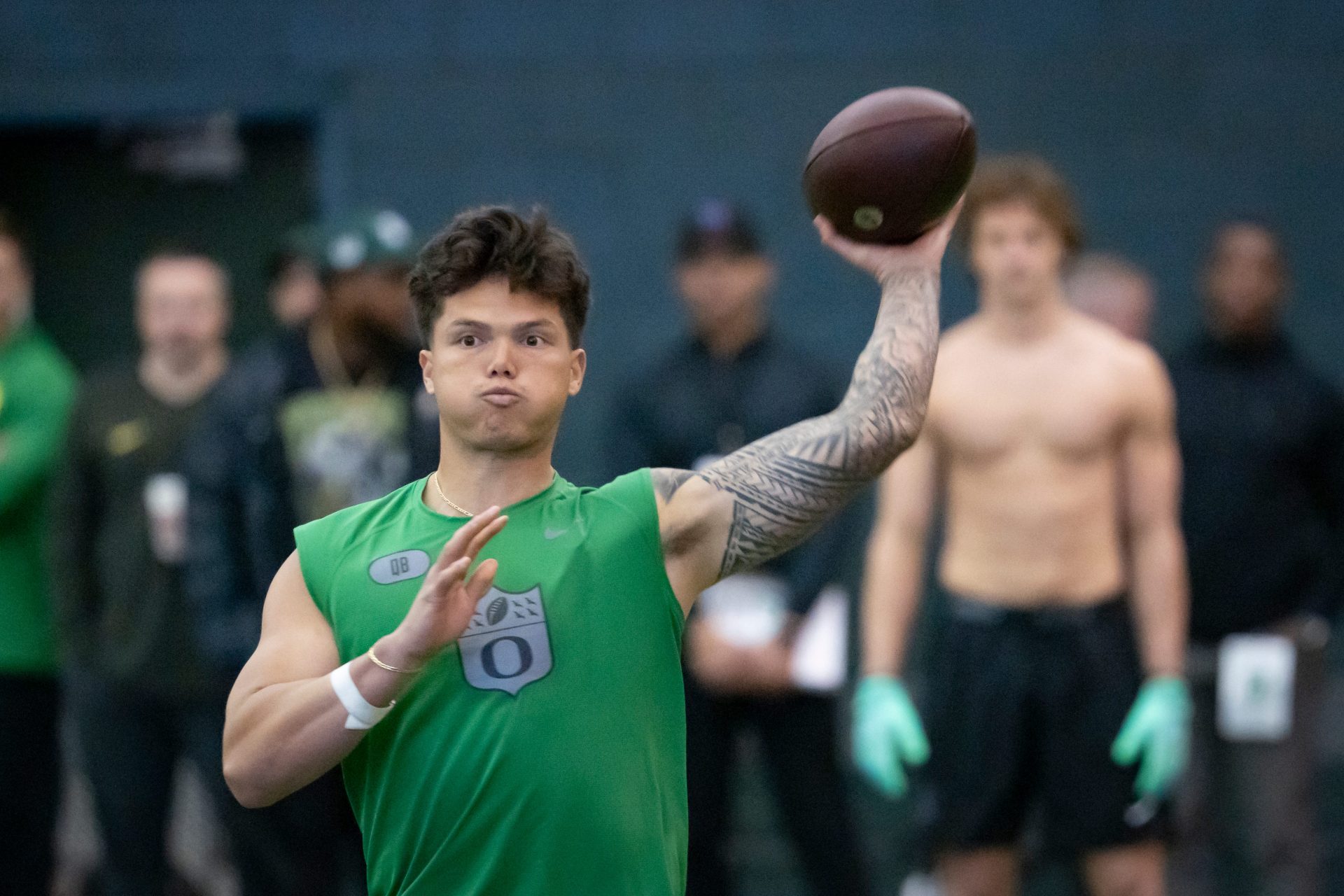 Oregon quarterback Dillon Gabriel throws out a pass during the Oregon football’s Pro Day Tuesday, March 18, 2025, at the Moshofsky Center in Eugene, Ore.