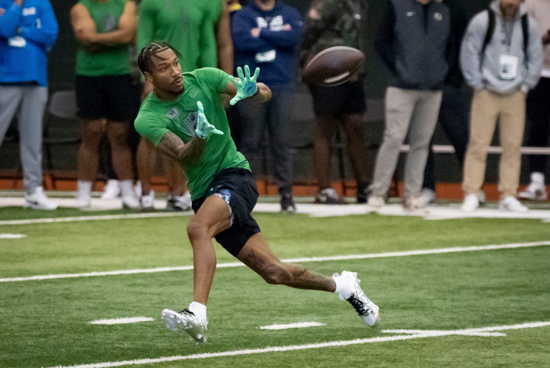 Oregon wide receiver Tez Johnson catches a pass during the Oregon football’s Pro Day Tuesday, March 18, 2025, at the Moshofsky Center in Eugene, Ore.