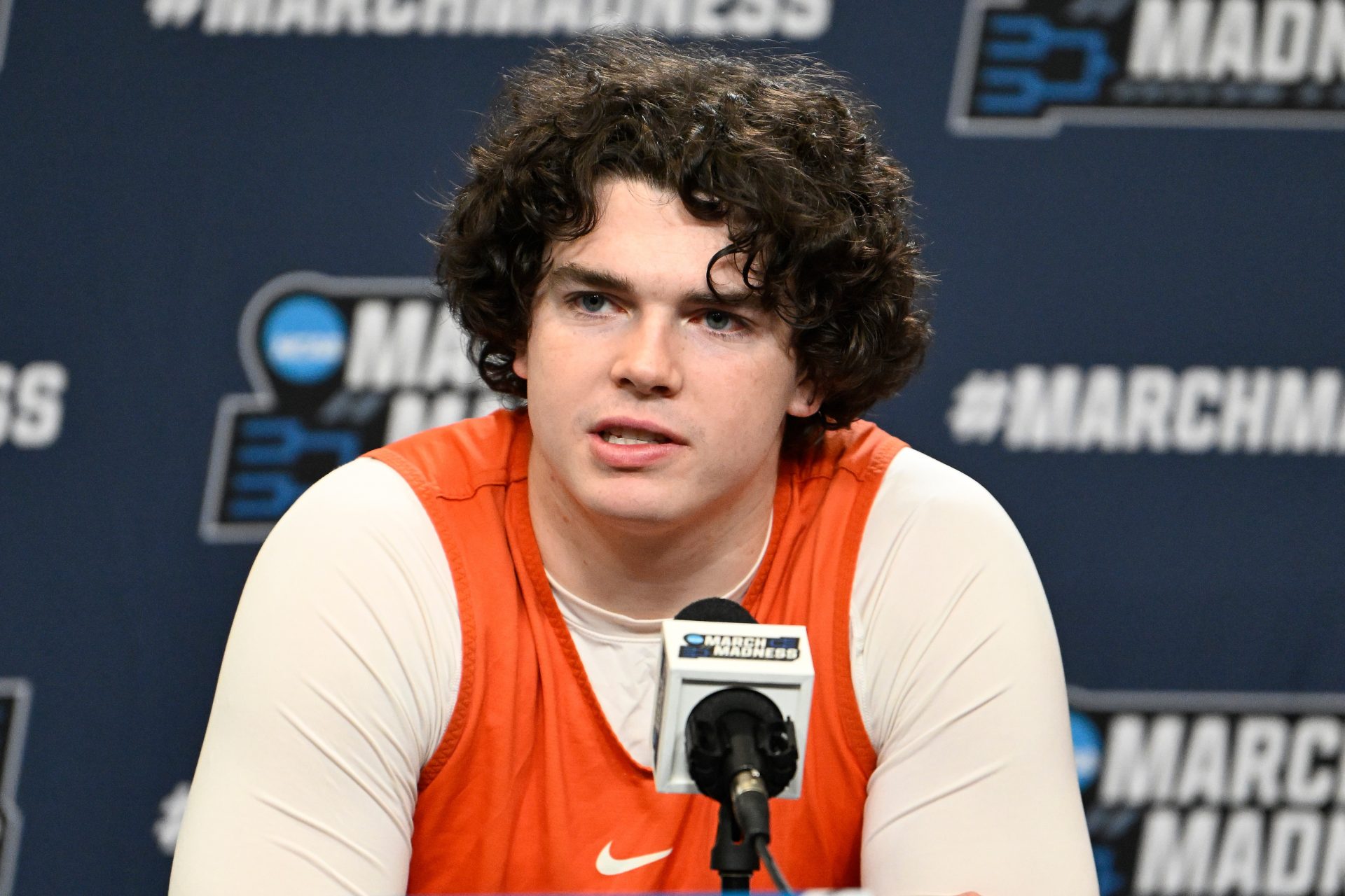 Clemson Tigers forward Ian Schieffelin (4) speaks to the media during a press conference at Amica Mutual Pavilion.