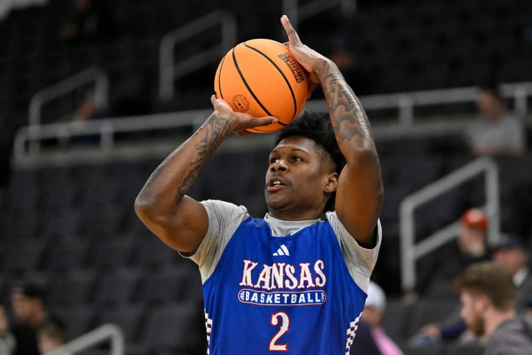 Kansas Jayhawks guard AJ Storr (2) practices at Amica Mutual Pavilion.