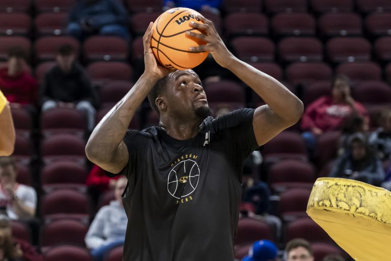 Missouri Tigers center Peyton Marshall (21) takes a shot during a practice session at Intrust Bank Arena.