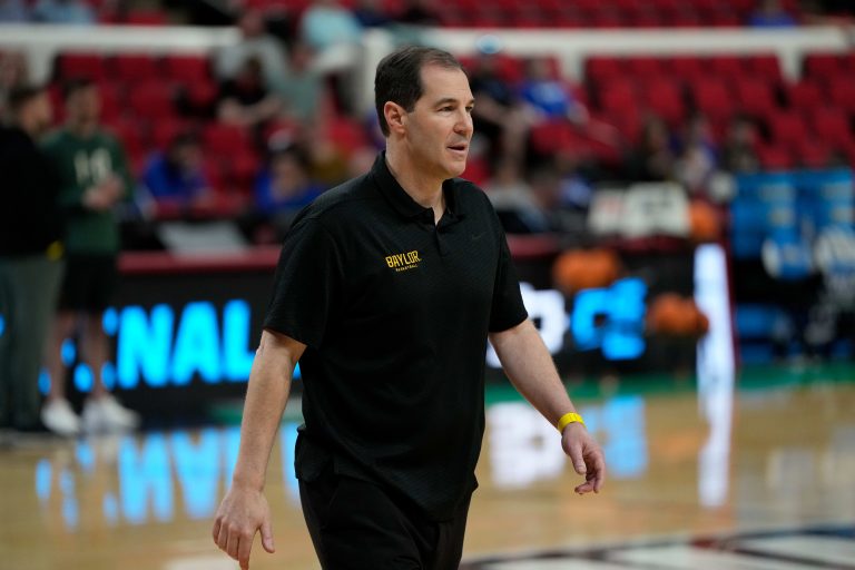 Baylor Bears head coach Scott Drew on the court during practice at Lenovo Center.