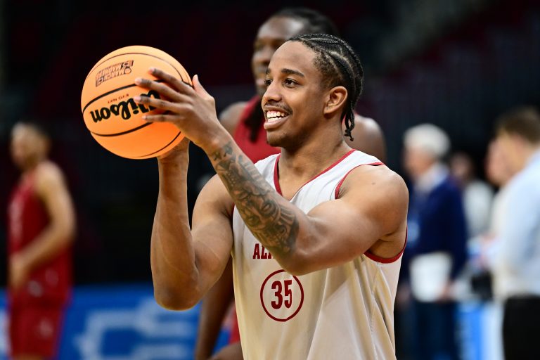 Alabama Crimson Tide forward Derrion Reid (35) shoots during practice at Rocket Arena.