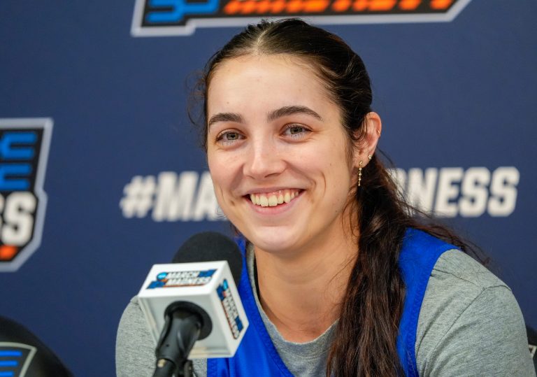 Georgia Amoore speaks to the media during press conferences ahead of the Wildcats’ NCAA first-round game against Liberty.