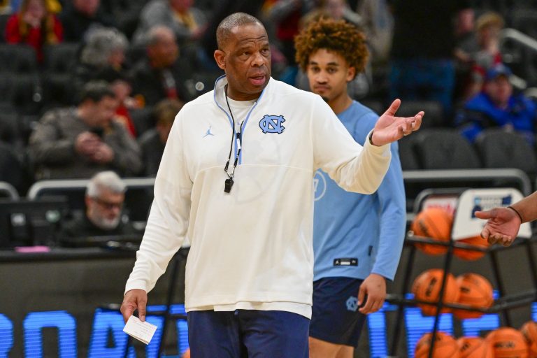 North Carolina Tar Heels head coach Hubert Davis watches team workout during NCAA Tournament First Round Practice at Fiserv Forum.