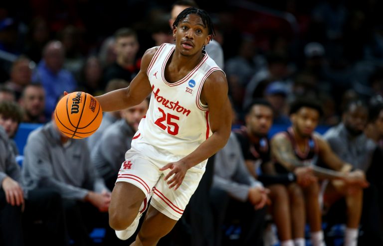 Houston Cougars guard Mercy Miller (25) dribbles in the second half of a first round men’s NCAA Tournament game against the SIU Edwardsville Cougars at Intrust Bank Arena.