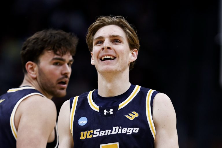 UC San Diego Tritons guard Hayden Gray (3) reacts during the second half against the Michigan Wolverines at Ball Arena.