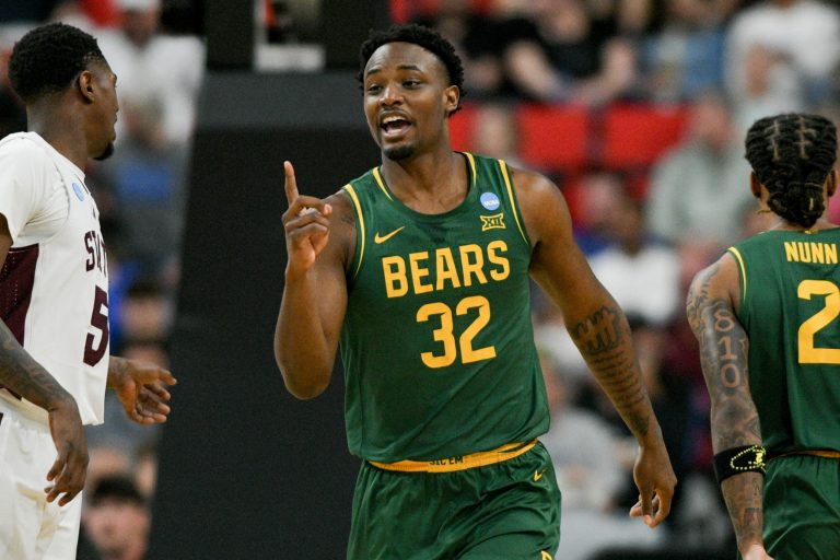 Baylor Bears guard Jalen Celestine (32) celebrates during the first half against the Mississippi State Bulldogs in the first round of the NCAA Tournament at Lenovo Center.