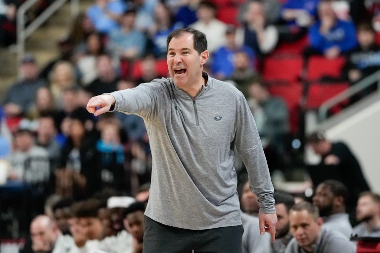 Baylor Bears head coach Scott Drew reacts during the first half against the Mississippi State Bulldogs in the first round of the NCAA Tournament at Lenovo Center.