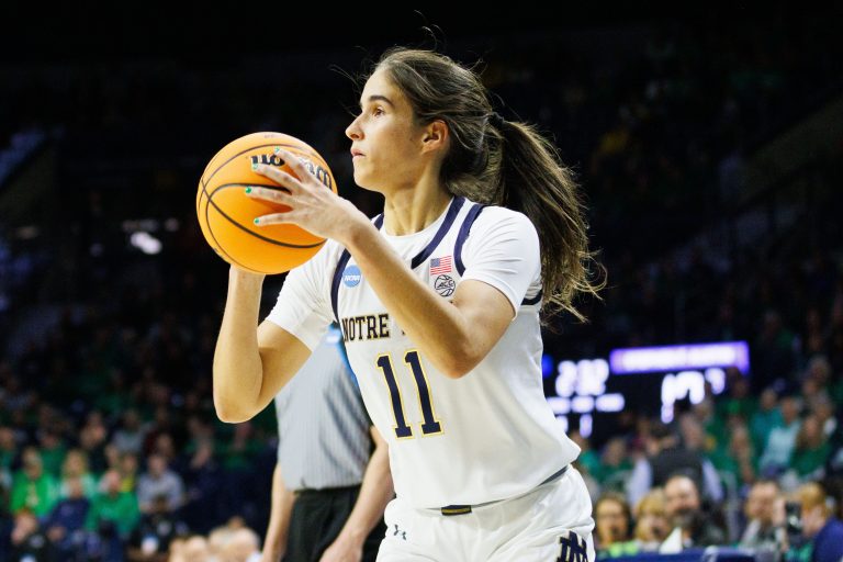 Notre Dame guard Sonia Citron shoots the ball during the first round of the NCAA Women's Basketball Tournament between Notre Dame and Stephen F. Austin at Purcell Pavilion on Friday, March 21, 2025, in South Bend.