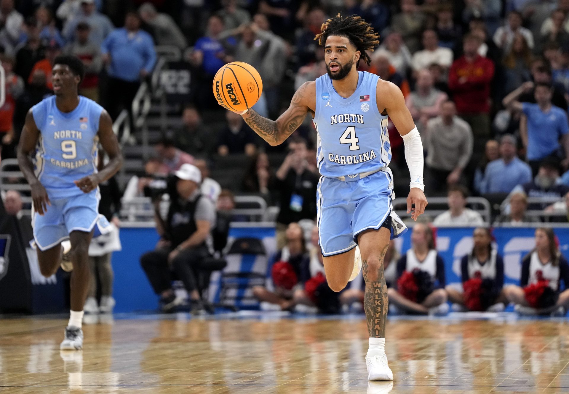 North Carolina Tar Heels guard RJ Davis (4) dribbles during the second half of a first round NCAA men’s tournament game against the Mississippi Rebels at Fiserv Forum.