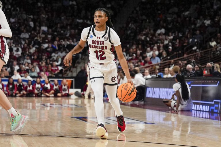 South Carolina Gamecocks guard MiLaysia Fulwiley (12) handles the ball against the Tennessee Tech Golden Eagles during the first half at Colonial Life Arena.
