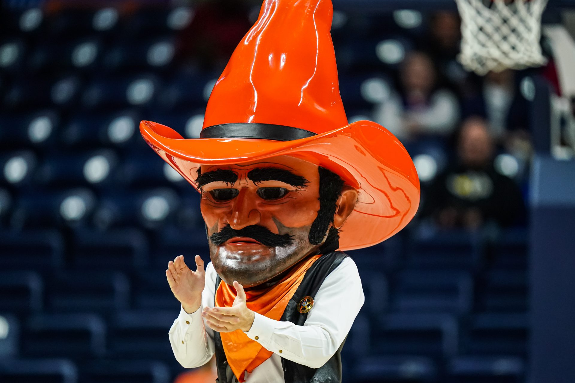 The Oklahoma State Cowgirls mascot on the court during a break against the South Dakota State Jackrabbits in the second half at Harry A. Gampel Pavilion.