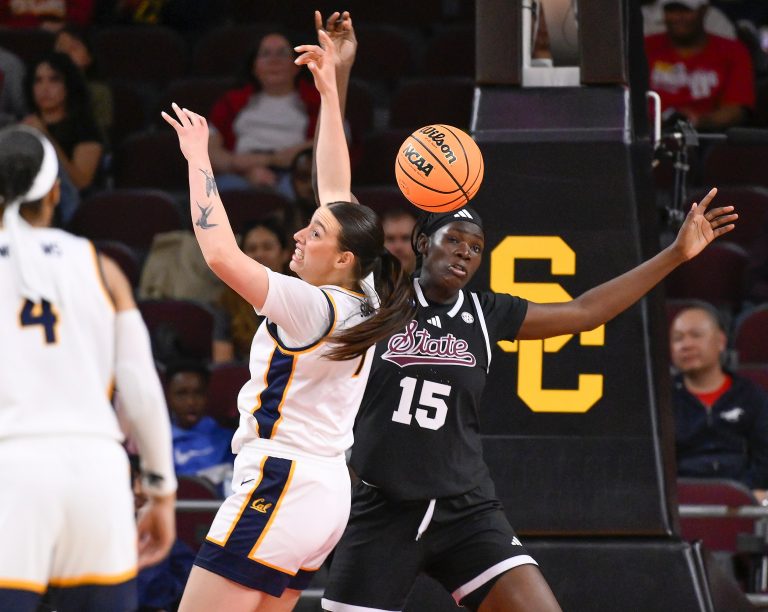 California Golden Bears forward Marta Suarez (7) and Mississippi State Bulldogs center Madina Okot (15) reach for a rebound during the second quarter of an NCAA Tournamnet game at Galen Center.