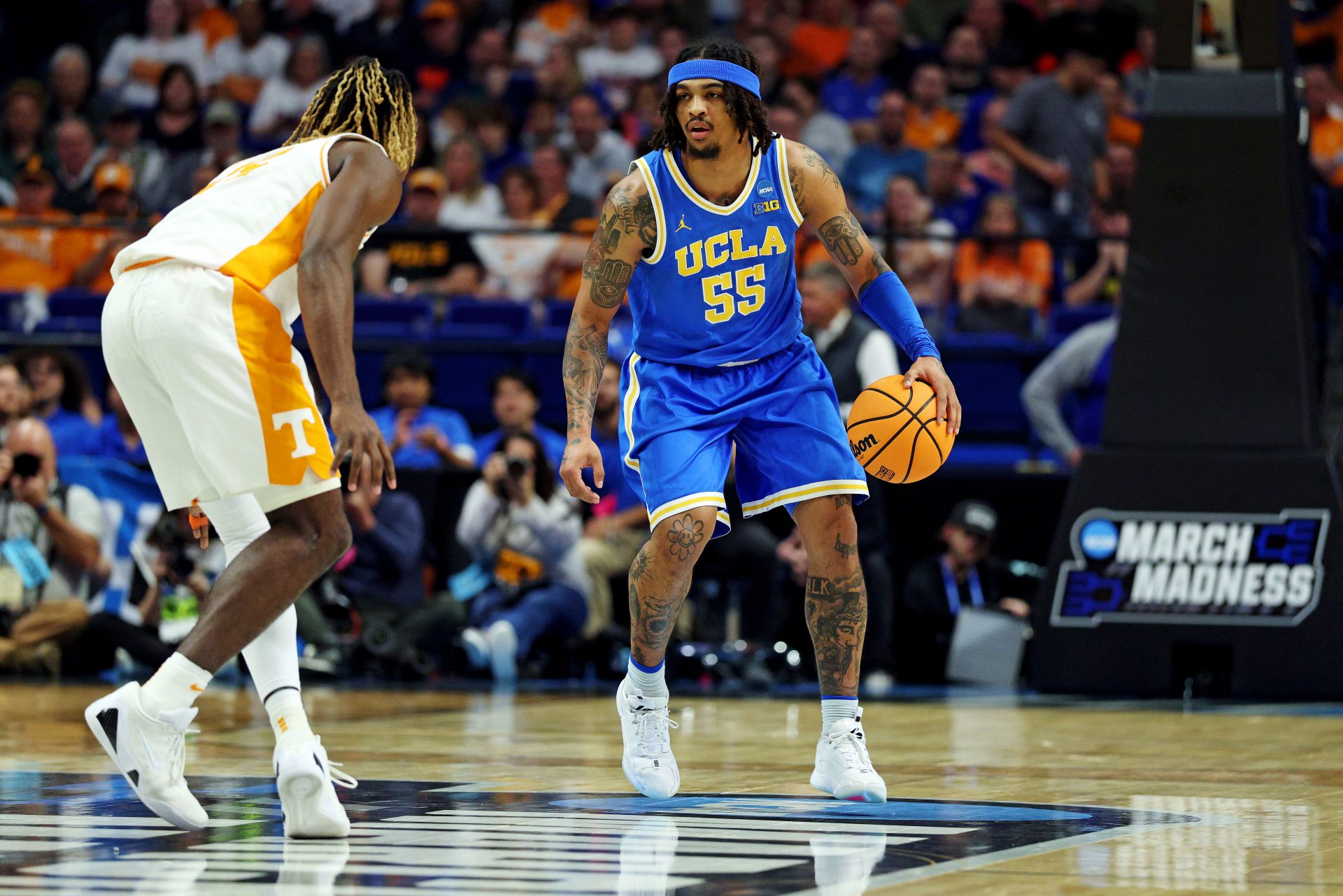 UCLA Bruins guard Skyy Clark (55) handles the ball during the first half against the Tennessee Volunteers in the second round of the NCAA Tournament at Rupp Arena.