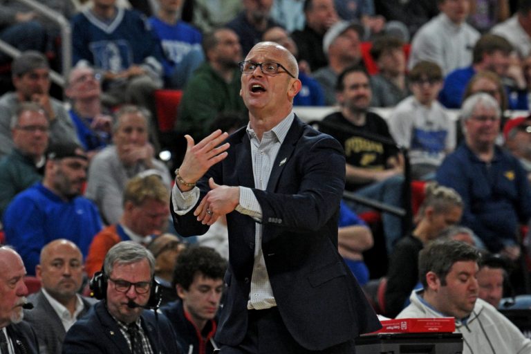 Connecticut Huskies head coach Dan Hurley reacts during the second half against the Connecticut Huskies in the second round of the NCAA Tournament at Lenovo Center.