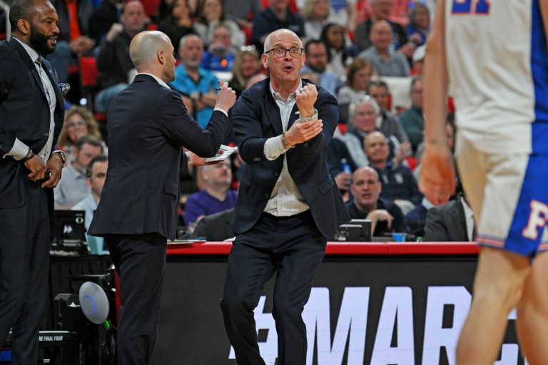 Connecticut Huskies head coach Dan Hurley reacts after a play during the second half against the Florida Gators in the second round of the NCAA Tournament at Lenovo Center.