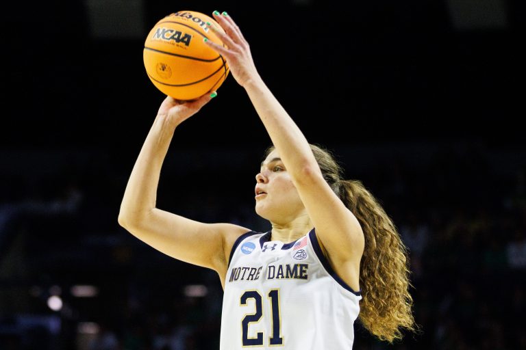 Notre Dame forward Maddy Westbeld shoots the ball during the second round of the NCAA Women's Basketball Tournament between Notre Dame and Michigan at Purcell Pavilion on Sunday, March 23, 2025, in South Bend.