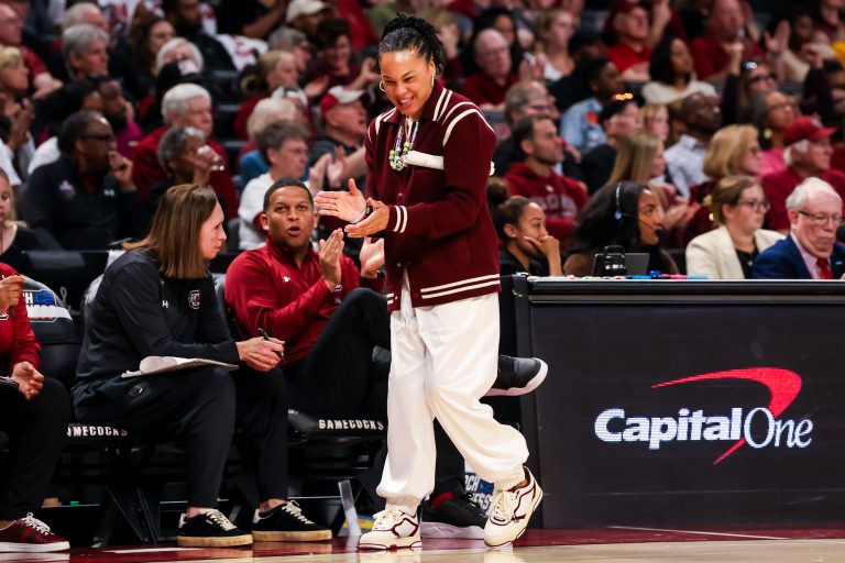 South Carolina Gamecocks head coach Dawn Staley reacts to a play against the Indiana Hoosiers in the second half at Colonial Life Arena.