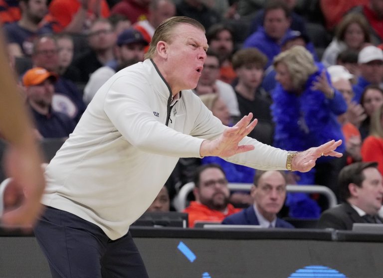 Illinois head basketball coach Brad Underwood is shown during the first half of their second round NCAA men’ s basketball tournament game against Kentucky Sunday, March 23, 2025 at Fiserv Forum in Milwaukee, Wisconsin.