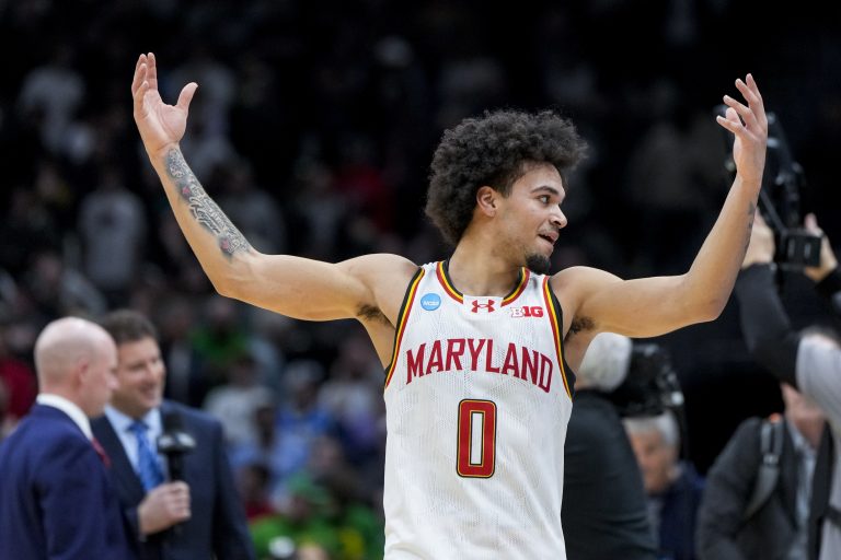 Maryland Terrapins guard Ja'Kobi Gillespie (0) celebrates defeating the Colorado State Rams at Climate Pledge Arena.