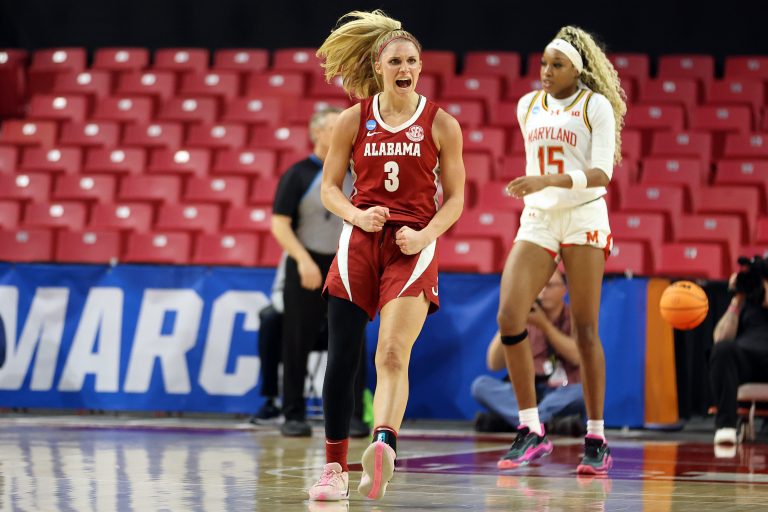 Alabama Crimson Tide guard Sarah Ashlee Barker (3) celebrates during the second half against the Maryland Terrapins at Xfinity Center.