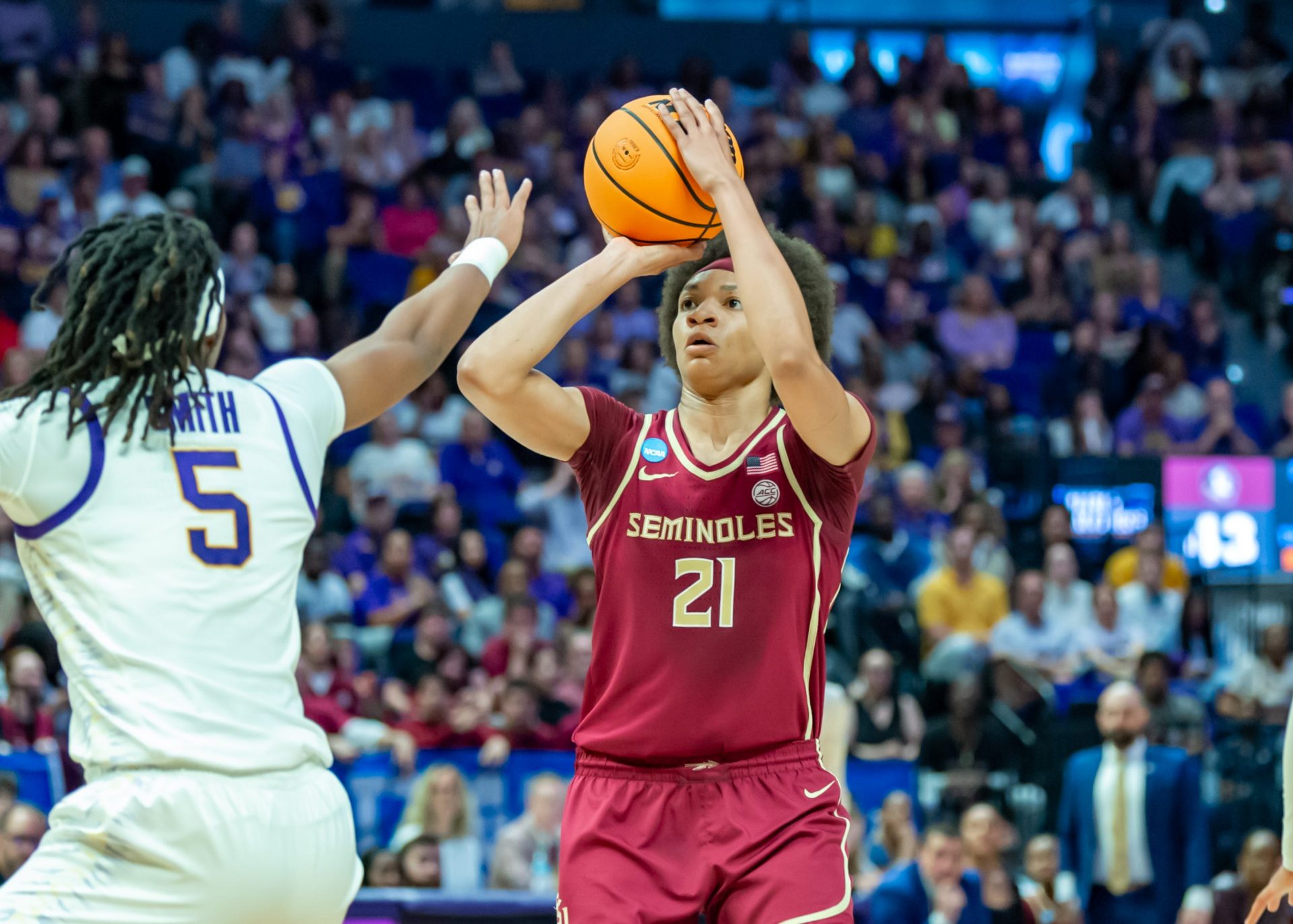Makayla Timpson 21, LSU Tigers take on Florida State in the second round of the NCAA Womens Basketball Tournament in Baton Rouge, LA. Monday, March 24, 2025.