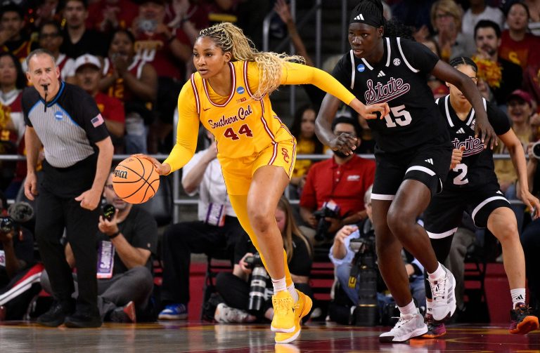 USC Trojans forward Kiki Iriafen (44) moves the ball past Mississippi State Bulldogs center Madina Okot (15) during an NCAA Tournament second round game at Galen Center.
