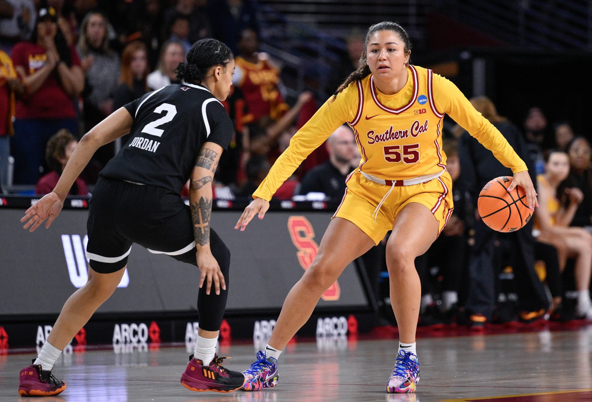 USC Trojans guard Talia von Oelhoffen and Mississippi State Bulldogs guard Jerkaila Jordan (2) during an NCAA Tournament second round game at Galen Center.