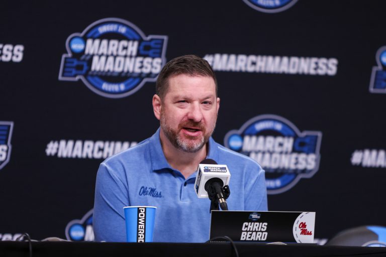 Mississippi Rebels head coach Chris Beard addresses the media in a press conference during NCAA Tournament South Regional Practice at State Farm Arena.