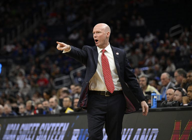 Maryland Terrapins head coach Kevin Willard shouts during play during the first half against the Florida Gators during a West Regional semifinal of the 2025 NCAA tournament at Chase Center.