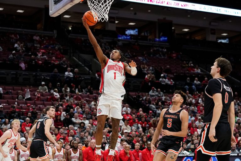 Ohio State Buckeyes guard Meechie Johnson Jr. (1) shoots during the second half of the NCAA men's basketball game against the Campbell Fighting Camels at Value City Arena in Columbus on Friday, Nov. 22, 2024. Ohio State won 104-60.