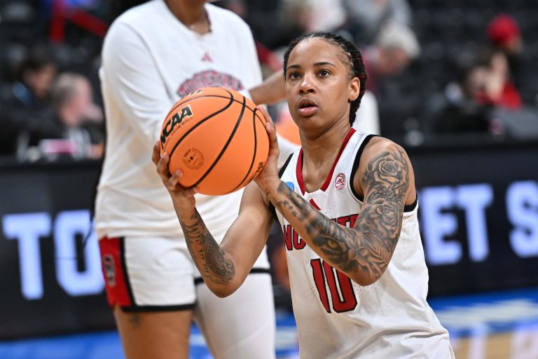 NC State Wolfpack guard Aziaha James (10) warm up during the Sweet 16 NCAA Tournament basketball game at Spokane Arena.