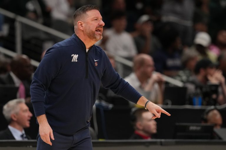 Mississippi Rebels head coach Chris Beard in the first half of a South Regional semifinal of the 2025 NCAA tournament against the Michigan State Spartans at State Farm Arena.