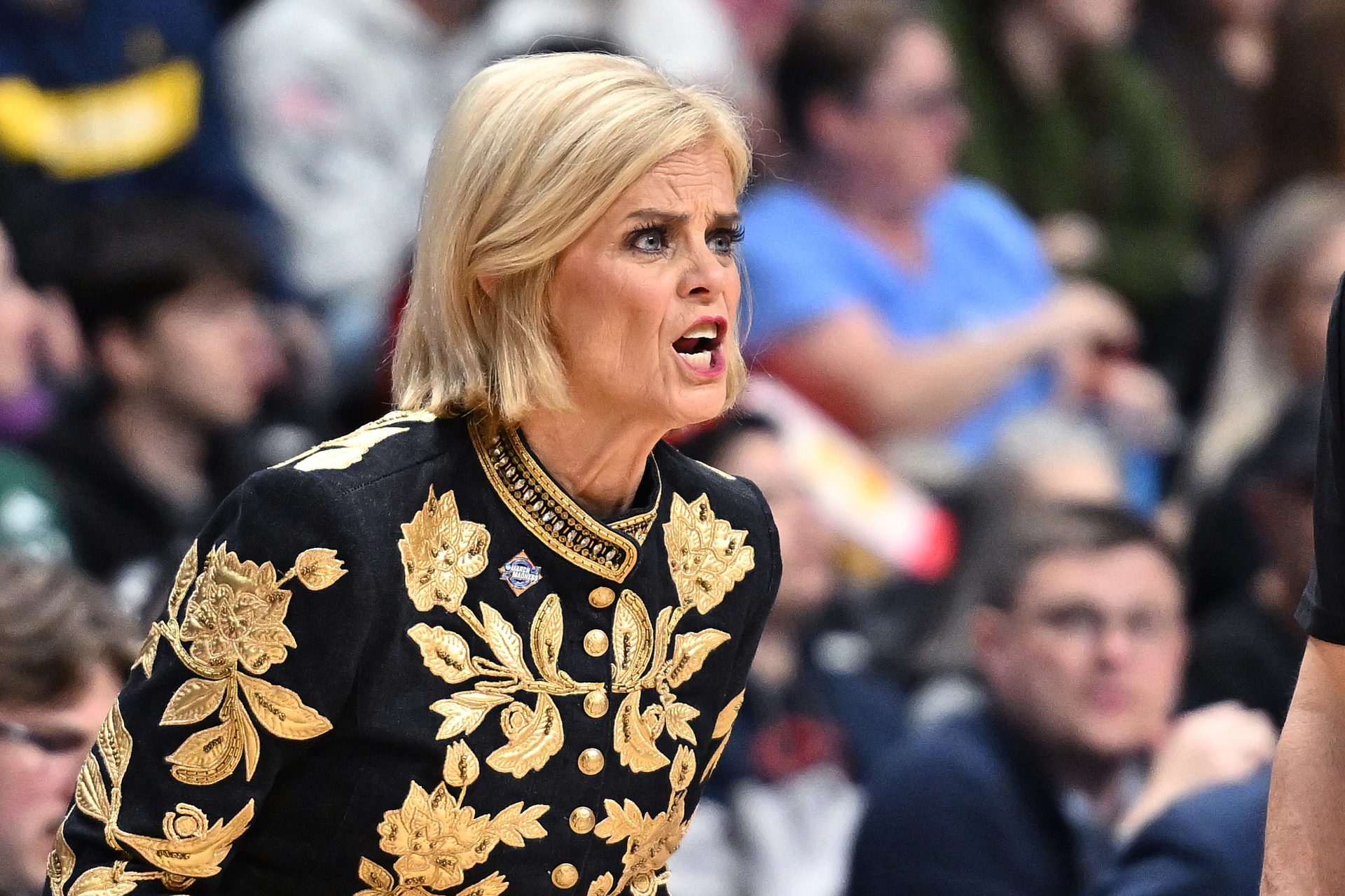 LSU Lady Tigers head coach Kim Mulkey looks on during the first half of a Sweet 16 NCAA Tournament basketball game against the NC State Wolfpack at Spokane Arena.