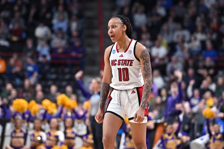NC State Wolfpack guard Aziaha James (10) races after play against the LSU Lady Tigers during the second half of a Sweet 16 NCAA Tournament basketball game at Spokane Arena.