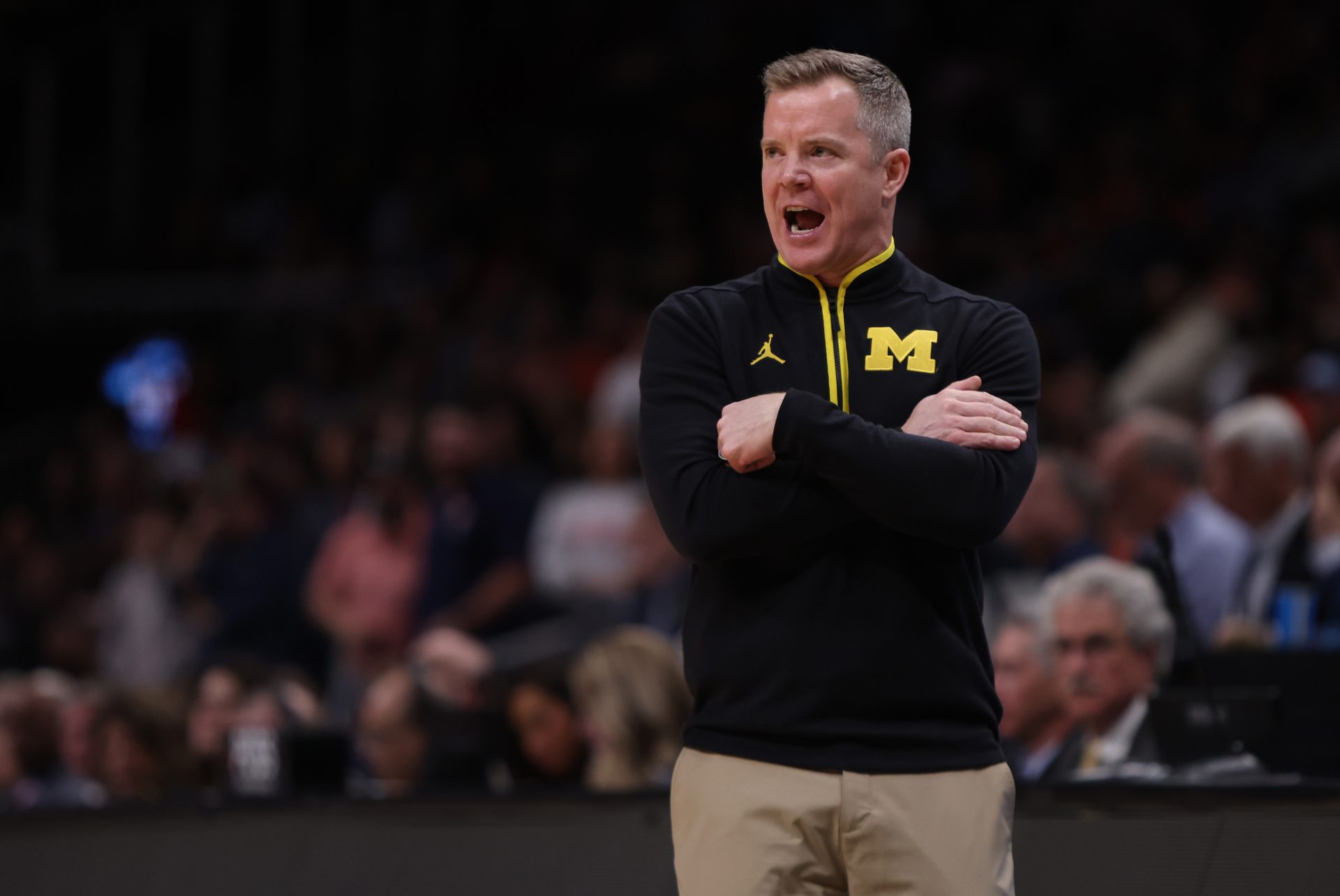 Michigan Wolverines head coach Dusty May in the second half of a South Regional semifinal of the 2025 NCAA tournament against the Auburn Tigers at State Farm Arena.
