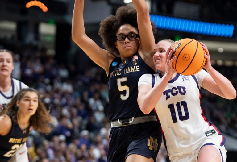 TCU Horned Frogs guard Hailey Van Lith (10) drives the ball on Notre Dame Fighting Irish guard Olivia Miles (5) as TCU Horned Frogs face off with Notre Dame Fighting Irish during the Sweet 16 at Legacy Arena in Birmingham, Ala., on Saturday, March 29, 2025.