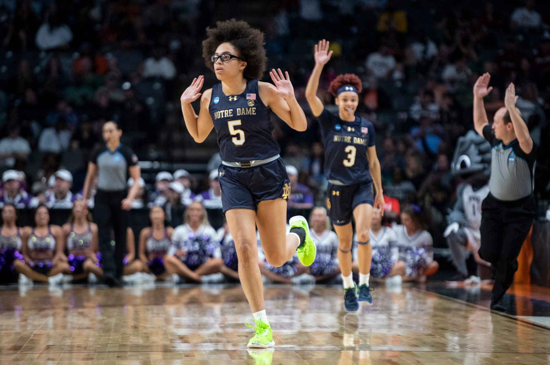 Notre Dame Fighting Irish guard Olivia Miles (5) celebrates a three-pointer as TCU Horned Frogs face off with Notre Dame Fighting Irish during the Sweet 16 at Legacy Arena in Birmingham, Ala., on Saturday, March 29, 2025.