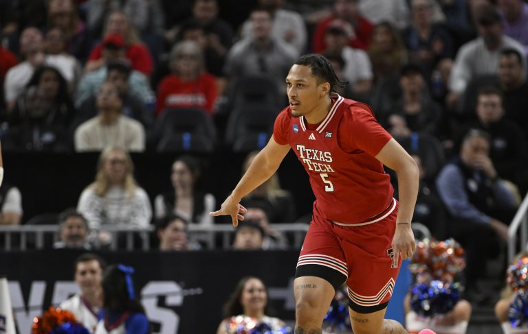 Texas Tech Red Raiders forward Darrion Williams (5) reacts after a three point basket during the first half against the Florida Gators during the West Regional final of the 2025 NCAA tournament at Chase Center.