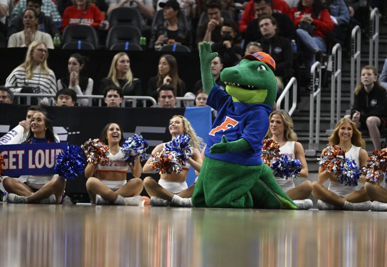 Florida Gators mascot Albert Gator performs on the sidelines during a timeout during the first half against the Texas Tech Red Raiders during the West Regional final of the 2025 NCAA tournament at Chase Center.