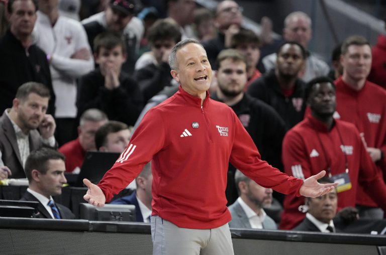 Texas Tech Red Raiders head coach Grant McCasland stands on the sidelines during the second half against the Florida Gators during the West Regional final of the 2025 NCAA tournament at Chase Center.