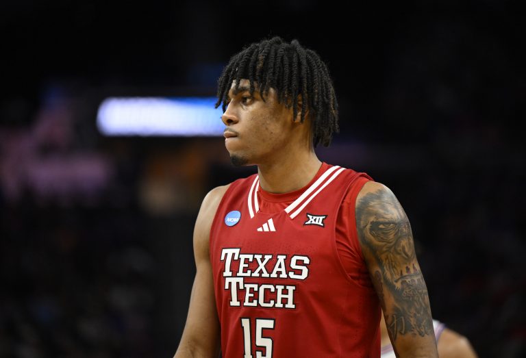 Texas Tech Red Raiders forward JT Toppin (15) walks downcourt during the second half against the Florida Gators during the West Regional final of the 2025 NCAA tournament at Chase Center.
