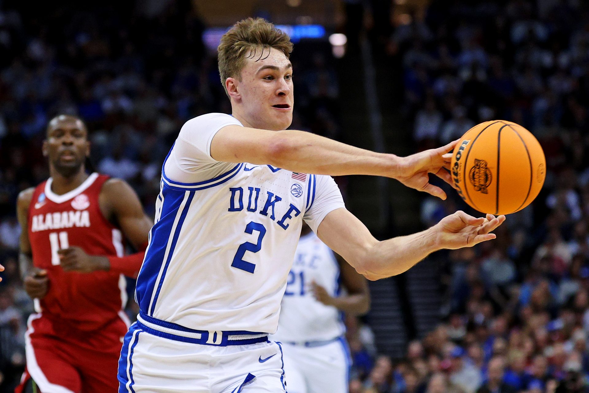 Duke Blue Devils forward Cooper Flagg (2) passes the ball during the first half against the Alabama Crimson Tide in the East Regional final of the 2025 NCAA tournament at Prudential Center.