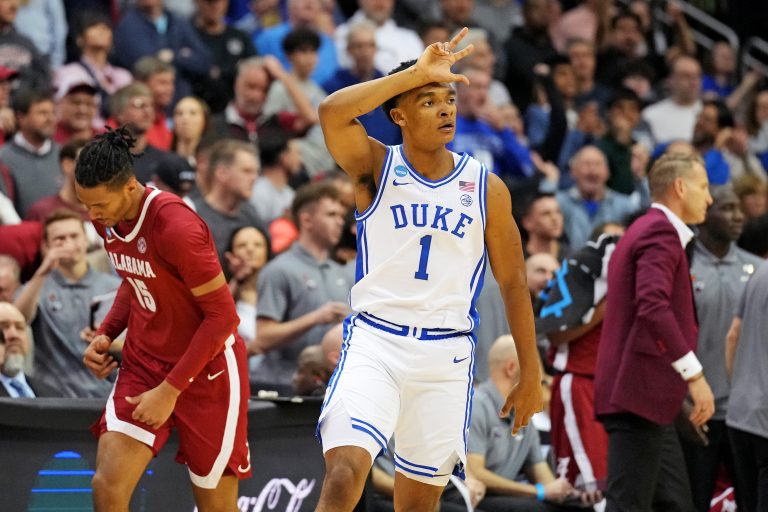 Duke Blue Devils guard Caleb Foster (1) celebrates after making a three point basket during the first half against the Alabama Crimson Tide in the East Regional final of the 2025 NCAA tournament at Prudential Center.