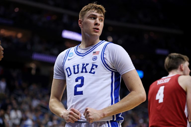 Duke Blue Devils forward Cooper Flagg (2) celebrates after a basket during the first half against the Alabama Crimson Tide in the East Regional final of the 2025 NCAA tournament at Prudential Center.