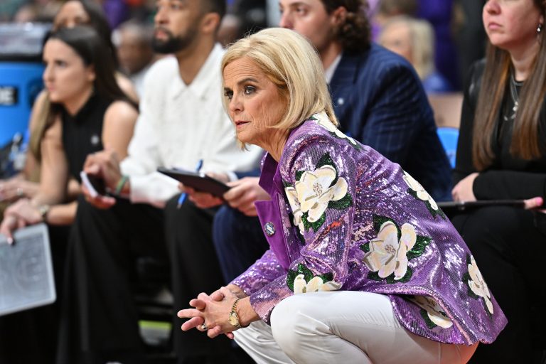 LSU Lady Tigers head coach Kim Mulkey looks on against the UCLA Bruins during the second half of a Elite 8 NCAA Tournament basketball game at Spokane Arena.